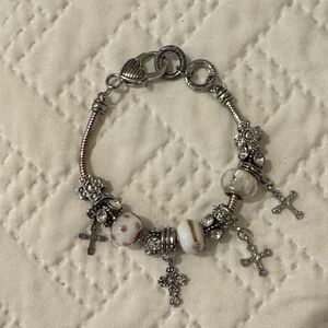 Silver-Tone Charm Bracelet with Crosses and Other Beads